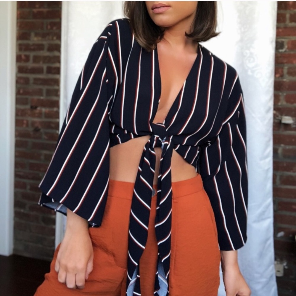 striped tie front crop top